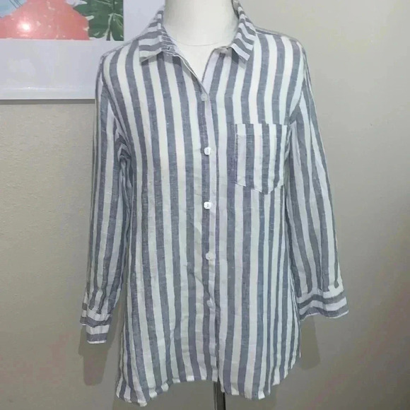 Habitat Relaxed Striped 100% Linen Langelook Button Down Shirt - Picture 1 of 7